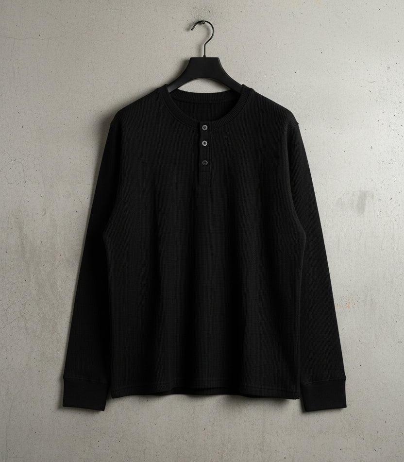 Black Henley waffle knit Front Design
