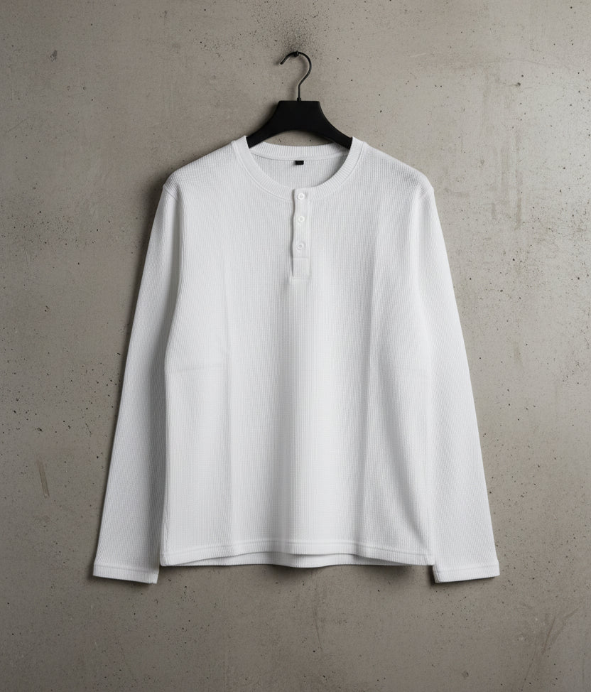 White Henley waffle knit Front Design